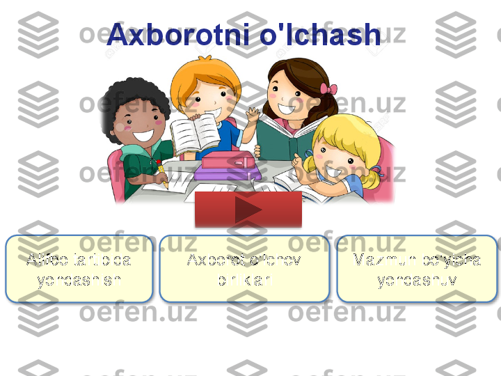 Axborotni o'lchash
Alifbo tartibida 
yondashish Axborot o’lchov 
birliklari Mazmun bo’yicha 
yondashuv     