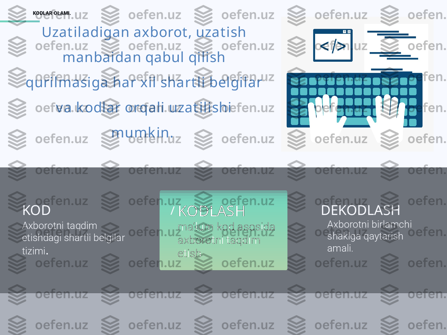 17KODLAR OLAMI.
I MAGE REPLACEKOD 
Axborotni   taqdim 
etishdagi shartli belgilar 
tizimi . /Uzat iladigan axborot , uzat ish 
manbaidan qabul qilish 
qurilmasiga   har xil shart li belgilar 
v a k odlar orqali uzat ilishi 
mumk in. 
KODLASH 
ma’lum kod asosida 
axborotni taqdim 
etish DEKODLASH 
Axborotni birlamchi 
shaklga qaytarish 
amali.  