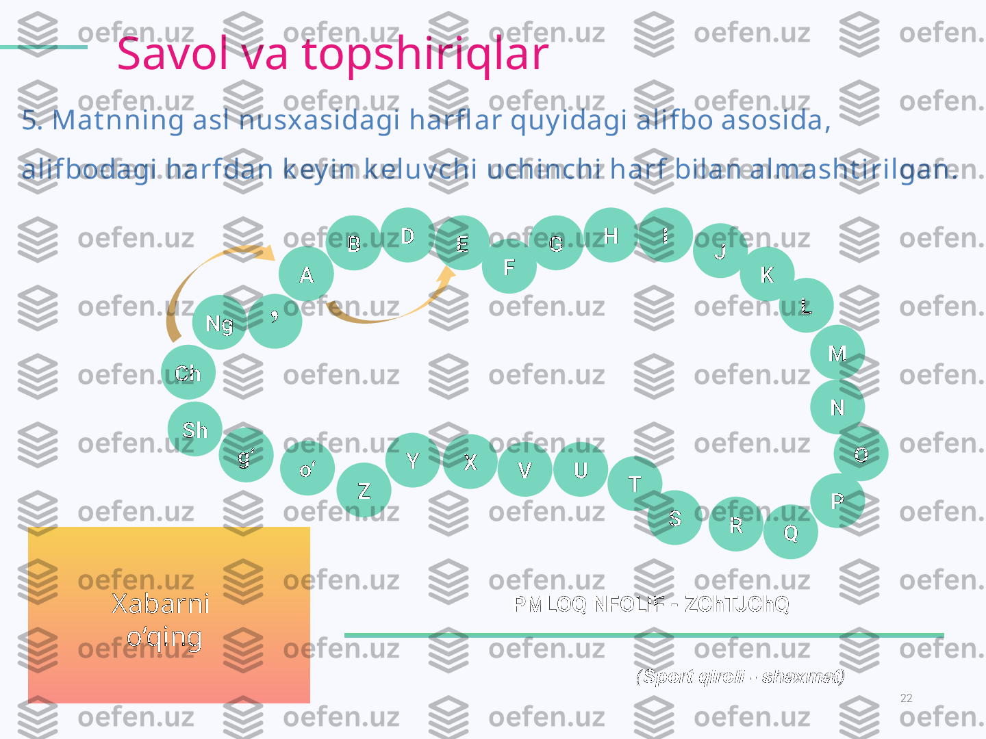 22KODLAR OLAMI.
( Sport qiroli - shaxmat )Xabarni 
o‘qing А Б D
E
F G H I
J
K
L
M
N
O
P
QRSTUVX
Zo‘Ng
g‘Ch
Sh B
А
Y’
PMLOQ NFOLIF - ZChTJChQSavol va topshiriqlar
5.  Mat nning asl nusxasidagi harfl ar quy idagi alifbo asosida, 
alifbodagi harfdan k ey in k eluv chi uchinchi harf bilan almasht irilgan.  