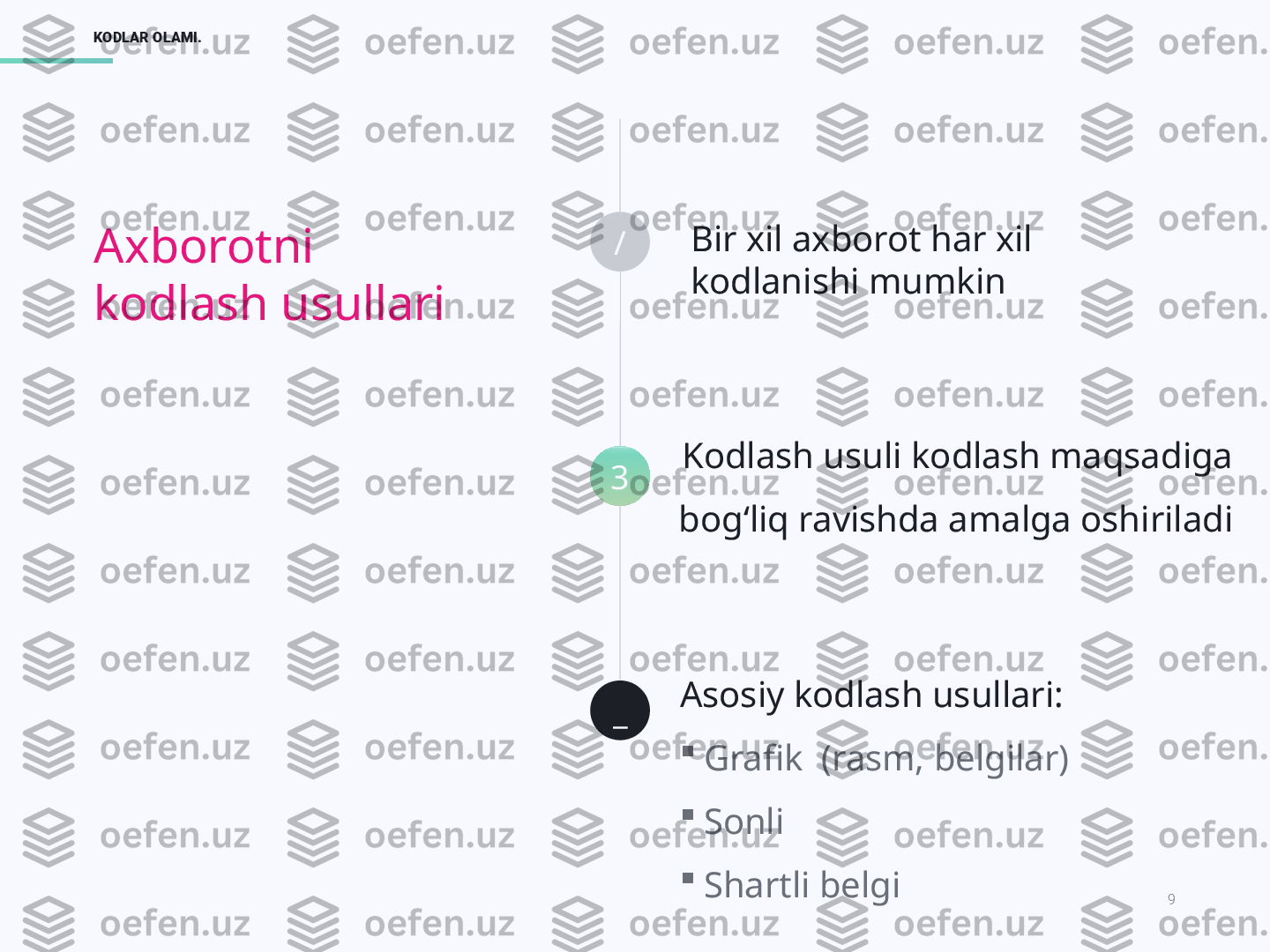 9KODLAR OLAMI.
/
3
_ Bir xil axborot har xil 
kodlanishi mumkin
Asosiy kodlash usullari:

Grafik  (rasm, belgilar)

Sonli

Shartli belgiKodlash usuli kodlash maqsadiga
bog‘liq ravishda amalga oshiriladiAxborotni
kodlash usullari 