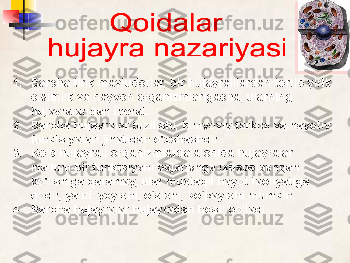 1. Barcha tirik mavjudotlar, bir hujayralilardan tortib yirik 
o'simlik va hayvon organizmlarigacha, ularning 
hujayralaridan iborat.
2. Barcha hujayralar tuzilishi, kimyoviy tarkibi va hayotiy 
funktsiyalari jihatidan o'xshashdir.
3. Ko'p hujayrali organizmlarda alohida hujayralar 
ma'lum bir funktsiyani bajarishga ixtisoslashgan 
bo'lishiga qaramay, ular mustaqil hayot faoliyatiga 
qodir, ya'ni. yeyishi, o‘sishi, ko‘payishi mumkin.
4. Barcha hujayralar hujayradan hosil bo'ladi  