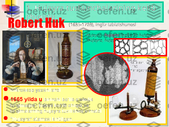 1. Hujay ra t ushunchalarining k elib 
chiqishi
Robert Huk
Kattalashtirish 
- 150 
martagacha

mikroskop yaxshilandi

1665 yilda u  birinchi bo'lib o'simlik 
to'qimasini - tiqinni ko'rib chiqdi va 
to'qimalarning hujayra tuzilishini o'rnatdi

"Hujayra" atamasi kiritilgan Hujayra -  hujayra  (inglizcha hujayra - 
"hujayra, hujayra, hujayra")(1635-1703), ingliz tabiatshunosi   