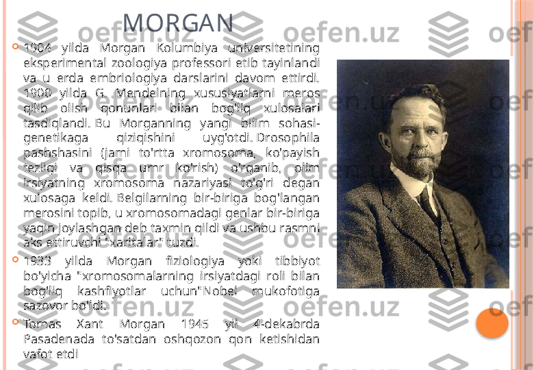 MORGA N

1904  yilda  Morgan  Kolumbiya  universitetining 
eksperimental  zoologiya  professori  etib  tayinlandi 
va  u  erda  embriologiya  darslarini  davom  ettirdi. 
1900  yilda  G.  Mendelning  xususiyatlarni  meros 
qilib  olish  qonunlari  bilan  bog'liq  xulosalari 
tasdiqlandi. Bu  Morganning  yangi  bilim  sohasi-
genetikaga  qiziqishini  uyg'otdi. Drosophila 
pashshasini  (jami  to'rtta  xromosoma,  ko'payish 
tezligi  va  qisqa  umr  ko'rish)  o'rganib,  olim 
irsiyatning  xromosoma  nazariyasi  to'g'ri  degan 
xulosaga  keldi. Belgilarning  bir-biriga  bog'langan 
merosini topib, u xromosomadagi genlar bir-biriga 
yaqin joylashgan deb taxmin qildi va ushbu rasmni 
aks ettiruvchi "xaritalar" tuzdi.

1933  yilda  Morgan  fiziologiya  yoki  tibbiyot 
bo'yicha  "xromosomalarning  irsiyatdagi  roli  bilan 
bog'liq  kashfiyotlar  uchun"Nobel  mukofotiga 
sazovor bo'ldi.

Tomas  Xant  Morgan  1945  yil  4-dekabrda 
Pasadenada  to'satdan  oshqozon  qon  ketishidan 
vafot etdi     