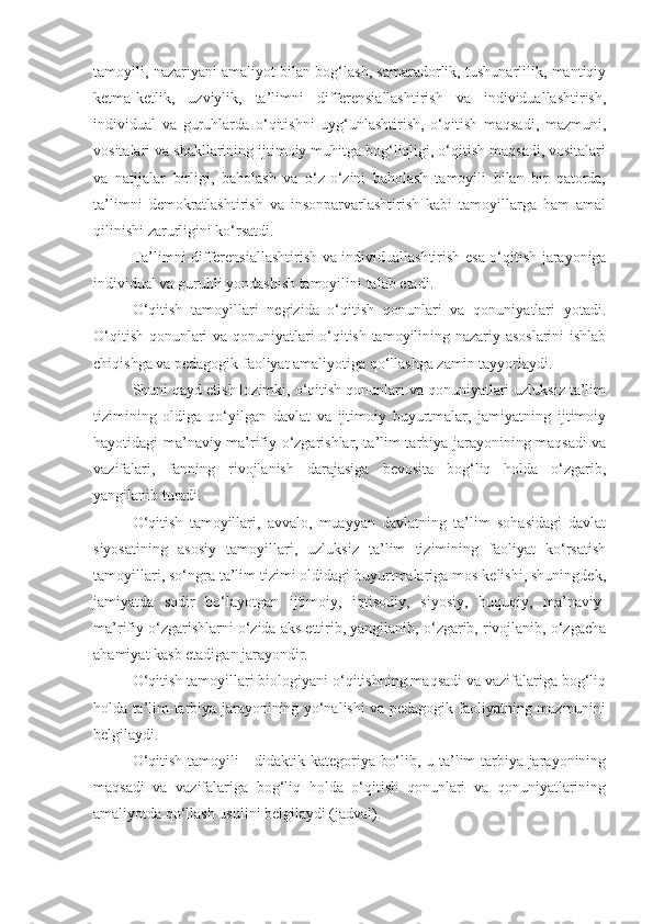 tamoyili, nazariyani amaliyot bilan bog‘lash, samaradorlik, tushunarlilik, mantiqiy
ketma-ketlik,   uzviylik,   ta’limni   differensiallashtirish   va   individuallashtirish,
individual   va   guruhlarda   o‘qitishni   uyg‘unlashtirish,   o‘qitish   maqsadi,   mazmuni,
vositalari va shakllarining ijtimoiy muhitga bog‘liqligi, o‘qitish maqsadi, vositalari
va   natijalar   birligi,   baholash   va   o‘z-o‘zini   baholash   tamoyili   bilan   bir   qatorda,
ta’limni   demokratlashtirish   va   insonparvarlashtirish   kabi   tamoyillarga   ham   amal
qilinishi zarurligini ko‘rsatdi.
Ta’limni differen s iallashtirish va individuallashtirish   e sa o‘qitish jarayoniga
individual va guruhli yondashish tamoyilini talab  e tadi.
O‘qitish   tamoyillari   negizida   o‘qitish   qonunlari   va   qonuniyatlari   yotadi.
O‘qitish qonunlari va qonuniyatlari o‘qitish tamoyilining nazariy asoslarini ishlab
chiqishga va pedagogik faoliyat amaliyotiga qo‘llashga zamin tayyorlaydi. 
Shuni qayd etish lozimki, o‘qitish qonunlari va qonuniyatlari uzluksiz ta’lim
tizimining   oldiga   qo‘yilgan   davlat   va   ijtimoiy   buyurtmalar,   jamiyatning   ijtimoiy
hayotidagi ma’naviy-ma’rifiy o‘zgarishlar, ta’lim-tarbiya jarayonining maqsadi va
vazifalari,   fanning   rivojlanish   darajasiga   bevosita   bog‘liq   holda   o‘zgarib,
yangilanib turadi.
O‘qitish   tamoyillari,   avvalo,   muayyan   davlatning   ta’lim   sohasidagi   davlat
siyosatining   asosiy   tamoyillari,   uzluksiz   ta’lim   tizimining   faoliyat   ko‘rsatish
tamoyillari, so‘ngra ta’lim tizimi oldidagi buyurtmalariga mos kelishi, shuningdek,
jamiyatda   sodir   bo‘layotgan   ijtimoiy,   iqtisodiy,   siyosiy,   huquqiy,   ma’naviy-
ma’rifiy o‘zgarishlarni o‘zida aks ettirib, yangilanib, o‘zgarib, rivojlanib, o‘zgacha
ahamiyat kasb etadigan jarayondir.
O‘qitish tamoyillari biologiyani o‘qitishning maqsadi va vazifalariga bog‘liq
holda ta’lim-tarbiya jarayonining yo‘nalishi va pedagogik faoliyatning mazmunini
belgilaydi.
O‘qitish tamoyili  -  didaktik kategoriya bo‘lib, u ta’lim-tarbiya jarayonining
maqsadi   va   vazifalariga   bog‘liq   holda   o‘qitish   qonunlari   va   qonuniyatlarining
amaliyotda qo‘llash usulini belgilaydi (jadval). 