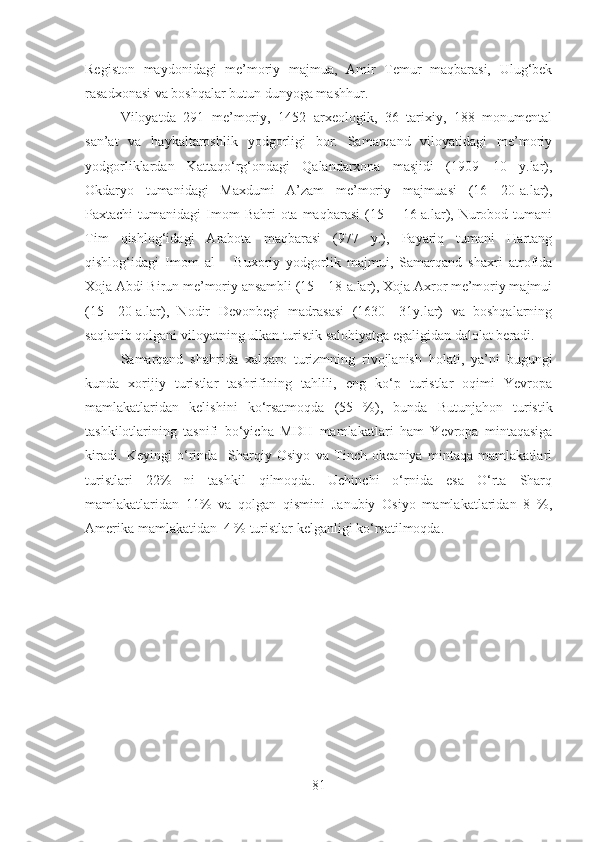 Registon   maydonidagi   me’moriy   majmua,   Amir   Temur   maqbarasi,   Ulug‘bek
rasadxonasi va boshqalar butun dunyoga mashhur.
Viloyatda   291   me’moriy,   1452   arxeologik,   36   tarixiy,   188   monumental
san’at   va   haykaltaroshlik   yodgorligi   bor.   Samarqand   viloyatidagi   me’moriy
yodgorliklardan   Kattaqo‘rg‘ondagi   Qalandarxona   masjidi   (1909—10   y.lar),
Okdaryo   tumanidagi   Maxdumi   A’zam   me’moriy   majmuasi   (16—20-a.lar),
Paxtachi  tumanidagi   Imom   Bahri  ota  maqbarasi   (15— 16-a.lar),  Nurobod  tumani
Tim   qishlog‘idagi   Arabota   maqbarasi   (977   y.),   Payariq   tumani   Hartang
qishlog‘idagi   Imom   al   –   Buxoriy   yodgorlik   majmui,   Samarqand   shaxri   atrofida
Xoja Abdi Birun me’moriy ansambli (15—18-a.lar), Xoja Axror me’moriy majmui
(15—20-a.lar),   Nodir   Devonbegi   madrasasi   (1630—31y.lar)   va   boshqalarning
saqlanib qolgani viloyatning ulkan turistik salohiyatga egaligidan dalolat beradi.
Samarqand   shahrida   xalqaro   turizmning   rivojlanish   holati,   ya’ni   bugungi
kunda   xorijiy   turistlar   tashrifining   tahlili,   eng   ko‘p   turistlar   oqimi   Yevropa
mamlakatlaridan   kelishini   ko‘rsatmoqda   ( 55   % ) ,   bunda   Butunjahon   turistik
tashkilotlarining   tasnifi   bo‘yicha   MDH   mamlakatlari   ham   Yevropa   mintaqasiga
kiradi .   Keyingi   o‘rinda     Sharqiy   Osiyo   va   Tinch   okeaniya   mintaqa   mamlakatlari
turistlari   22%   ni   tashkil   qilmoqda.   Uchinchi   o‘rnida   esa   O‘rta   Sharq
mamlakatlaridan   11%   va   qolgan   qismini   Janubiy   Osiyo   mamlakatlaridan   8   %,
Amerika mamlakatidan  4 % turistlar kelganligi ko‘rsatilmoqda .
81 