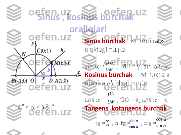 Sinus , kosinus burchak
   oraliqlari
Sinus burchak – М   ordinata 
o’qidagi nuqta
sin    =         ,  MD  =  y ,  sin    =  y .
Kosinus burchak  –   M nuqta x 
abssisa o’qidagi nuqta 
cos    =        ,  OD  =  x ,  cos    =  x .
Tangens ,kotangens burchak
         tg  =     ,      tg  =        , ctg =  0   ≤    ≤ 180    