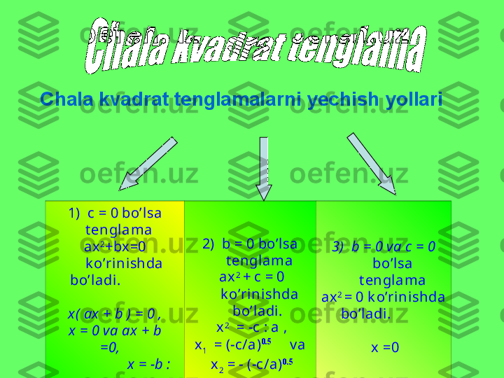 Chala kvadrat tenglamalarni yechish yollari
1)  c = 0  bo’lsa 
t englama     
ax 2
+bx =0 
k o’rinishda 
bo’ladi.                
  
  x ( ax  + b ) = 0 , 
  x  = 0 va ax  + b   
=0 ,        
                    x  = -b : 
a   .         
  2)  b = 0 bo’lsa 
t englama
  ax 2 
+ c = 0 
k o’ri nishda 
bo’ladi. 
  x 2
  = -c : a ,
  x
1   =  (-c/a) 0.5
       v a  
   x
2  = -  (-c/a) 0.5
  3)  b = 0 va c = 0 
bo’lsa 
t englama
ax 2 
= 0 k o’rini shda 
bo’ladi .                
     
  x =0
  