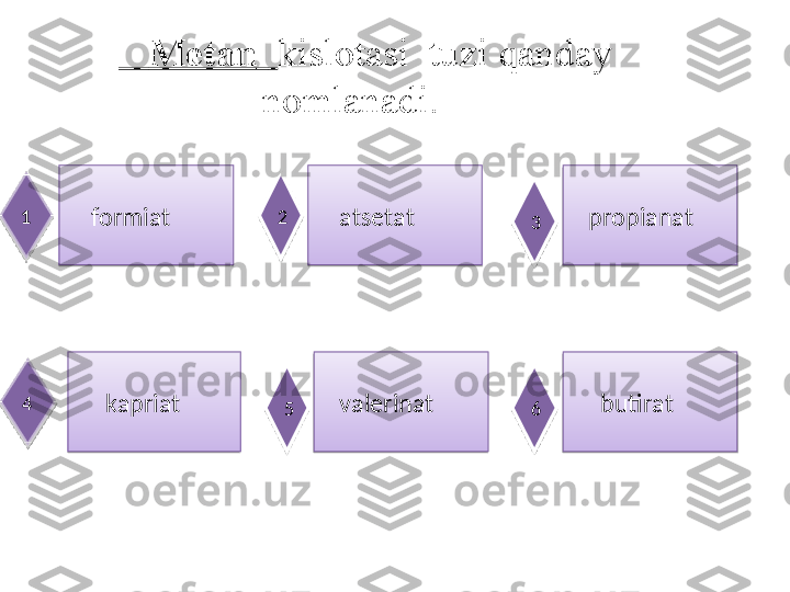        Metan    kislotasi  tuzi qanday 
nomlanadi.  
     formiat      atsetat     propianat
      kapriat     valerinat       butirat1 2
4 3
5 6             