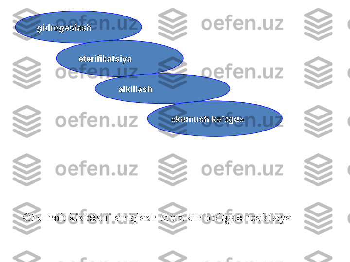 gidrogenlash
eterifikatsiya
alkillash
« kumush ko’zgu »
Chumoli kislotani aniqlash mumkin bo’lgan reaktsiya 