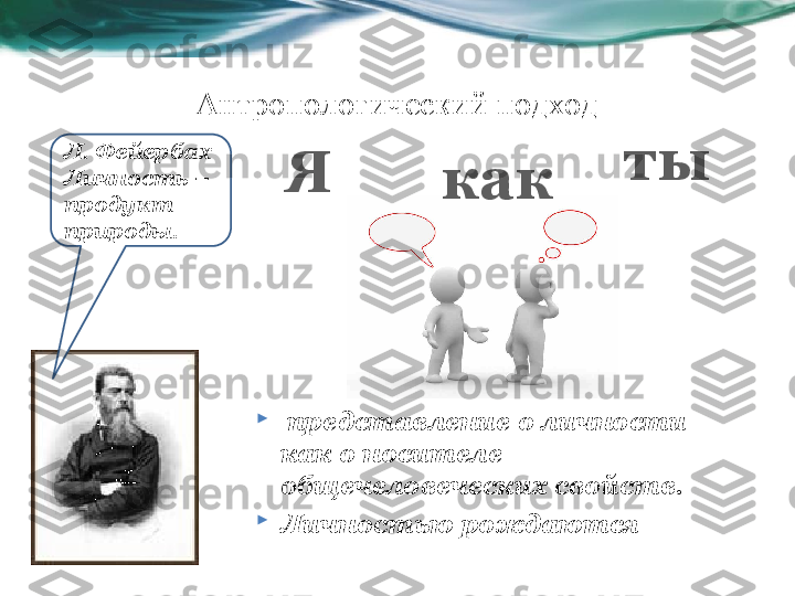 Антропологический подход
Я
как ты

  представление о личности 
как о носителе 
общечеловеческих свойств.

Личностью рождаются Л. Фейербах
Личность – 
продукт
природы. 