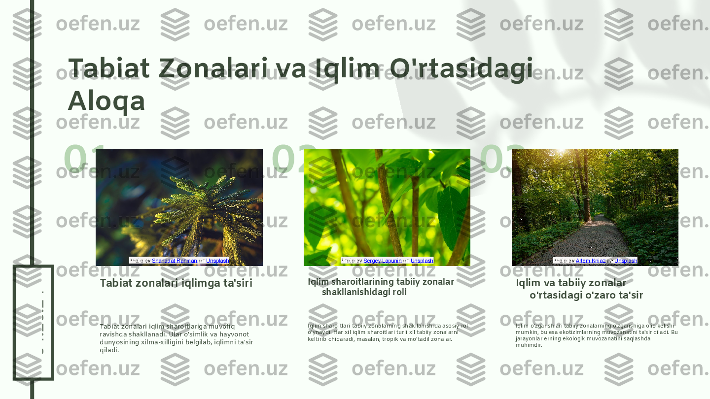 0
4
.2
6
.2
401 02 03Tabiat Zonalari va Iqlim O'rtasidagi 
Aloqa
Tabiat zonalari iqlim sharoitlariga muvofiq 
ravishda shakllanadi. Ular o'simlik va hayvonot 
dunyosining xilma-xilligini belgilab, iqlimni ta'sir 
qiladi.Tabiat zonalari iqlimga ta'siri
Iqlim sharoitlari tabiiy zonalarning shakllanishida asosiy rol 
o'ynaydi. Har xil iqlim sharoitlari turli xil tabiiy zonalarni 
keltirib chiqaradi, masalan, tropik va mo'tadil zonalar.Iqlim sharoitlarining tabiiy zonalar 
shakllanishidagi roli
Iqlim o'zgarishlari tabiiy zonalarning o'zgarishiga olib kelishi 
mumkin, bu esa ekotizimlarning muvozanatini ta'sir qiladi. Bu 
jarayonlar erning ekologik muvozanatini saqlashda 
muhimdir.Iqlim va tabiiy zonalar 
o'rtasidagi o'zaro ta'sirPhoto by  Shahadat Rahman  on  Unsplash Photo by  Sergey Lapunin  on  Unsplash Photo by  Artem Kniaz  on  Unsplash  