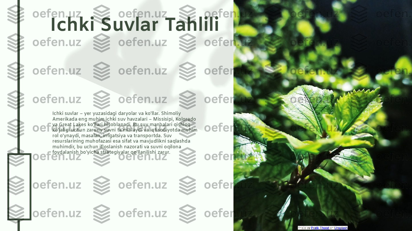 0
4
.2
6
.2
4Ichki Suvlar Tahlili
Ichki suvlar – yer yuzasidagi daryolar va ko'llar. Shimoliy 
Amerikada eng muhim ichki suv havzalari – Missisipi, Kolorado 
va Great Lakes ko'llari hisoblanadi. Bu suv manbalari qishloq 
xo'jaligi uchun zaruriy suvni ta'minlaydi va iqtisodiyotda muhim 
rol o'ynaydi, masalan, irrigatsiya va transportda. Suv 
resurslarining muhofazasi esa sifat va mavjudlikni saqlashda 
muhimdir, bu uchun ifloslanish nazorati va suvni oqilona 
foydalanish bo'yicha strategiyalar qo'llanilishi zarur.
Photo by  Pratik Thorat  on  Unsplash  