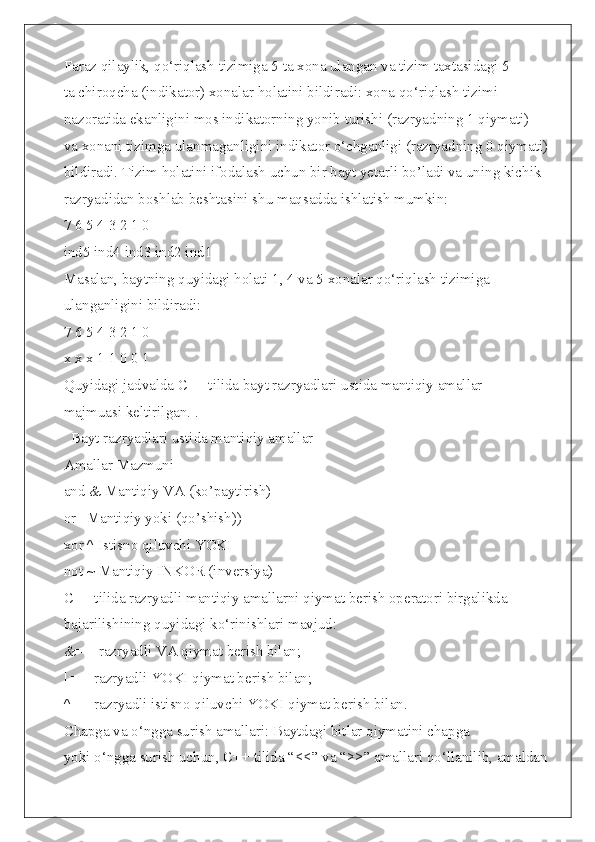 Faraz qilaylik, qo‘riqlash tizimiga 5 ta xona ulangan va tizim taxtasidagi 5
ta chiroqcha (indikator) xonalar holatini bildiradi: xona qo‘riqlash tizimi
nazoratida ekanligini mos indikatorning yonib turishi (razryadning 1 qiymati)
va xonani tizimga ulanmaganligini indikator o‘chganligi (razryadning 0 qiymati)
bildiradi. Tizim holatini ifodalash uchun bir bayt yetarli bo’ladi va uning kichik
razryadidan boshlab beshtasini shu maqsadda ishlatish mumkin:
7 6 5 4 3 2 1 0
ind5 ind4 ind3 ind2 ind1
Masalan, baytning quyidagi holati 1, 4 va 5 xonalar qo‘riqlash tizimiga
ulanganligini bildiradi:
7 6 5 4 3 2 1 0
x x x 1 1 0 0 1
Quyidagi jadvalda C++ tilida bayt razryadlari ustida mantiqiy amallar
majmuasi keltirilgan. .
  Bayt razryadlari ustida mantiqiy amallar
Amallar Mazmuni
and & Mantiqiy VA (ko’paytirish)
or | Mantiqiy yoki (qo’shish))
xor ^ Istisno qiluvchi YOKI
not ~ Mantiqiy INKOR (inversiya)
C++ tilida razryadli mantiqiy amallarni qiymat berish operatori birgalikda
bajarilishining quyidagi ko‘rinishlari mavjud:
&= – razryadli VA qiymat berish bilan;
| = – razryadli YOKI qiymat berish bilan;
^= – razryadli istisno qiluvchi YOKI qiymat berish bilan.
Chapga va o‘ngga surish amallari: Baytdagi bitlar qiymatini chapga
yoki o‘ngga surish uchun, C++ tilida “<<” va “>>” amallari qo‘llanilib, amaldan 