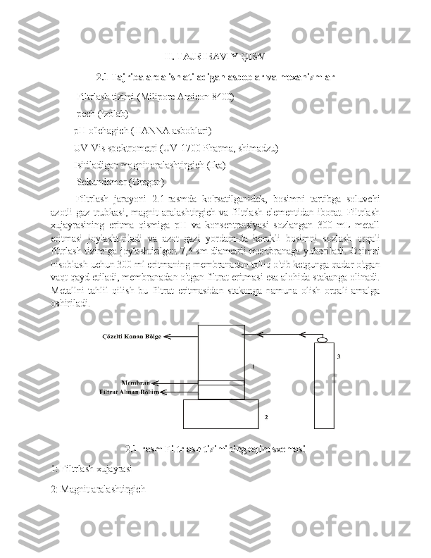 II. TAJRIBAVIY QISM
2.1 Tajribalarda ishlatiladigan asboblar va mexanizmlar
- Filtrlash tizimi (Milipore Amicon 8400)
- pech (Izolab)
-pH o'lchagich (HANNA asboblari)
-UV-Vis spektrometri (UV-1700 Pharma, shimadzu)
-Isitiladigan magnit aralashtirgich (Ika)
- Sekundomer (Oregon)
Filtrlash   jarayoni   2.1-rasmda   ko'rsatilganidek,   bosimni   tartibga   soluvchi
azotli   gaz   trubkasi,   magnit   aralashtirgich   va  filtrlash   elementidan   iborat.  Filtrlash
xujayrasining   eritma   qismiga   pH   va   konsentratsiyasi   sozlangan   300   mL   metall
eritmasi   joylashtiriladi   va   azot   gazi   yordamida   kerakli   bosimni   sozlash   orqali
filtrlash tizimiga joylashtirilgan 7,6 sm diametrli membranaga yuboriladi. Oqimni
hisoblash uchun 300 ml eritmaning membranadan to'liq o'tib ketgunga qadar o'tgan
vaqt qayd etiladi, membranadan o'tgan filtrat eritmasi esa alohida stakanga olinadi.
Metallni   tahlil   qilish   bu   filtrat   eritmasidan   stakanga   namuna   olish   orqali   amalga
oshiriladi.
2.1-rasm Filtrlash tizimining oqim sxemasi
1: Filtrlash xujayrasi
2: Magnit aralashtirgich 