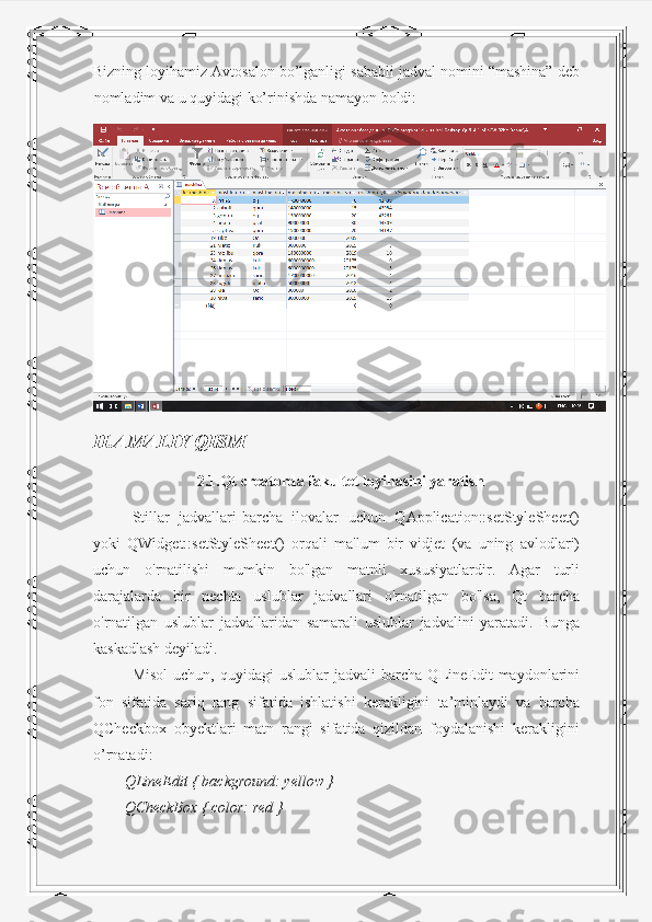 Bizning loyihamiz Avtosalon bo’lganligi sababli jadval nomini “mashina” deb
nomladim va u quyidagi ko’rinishda namayon boldi:
II.AMALIY QISM
                           2.1.Qt creatorda fakultet loyihasini yaratish
Stillar   jadvallari-barcha   ilovalar   uchun   QApplication::setStyleSheet()
yoki   QWidget::setStyleSheet()   orqali   ma'lum   bir   vidjet   (va   uning   avlodlari)
uchun   o'rnatilishi   mumkin   bo'lgan   matnli   xususiyatlardir.   Agar   turli
darajalarda   bir   nechta   uslublar   jadvallari   o'rnatilgan   bo'lsa,   Qt   barcha
o'rnatilgan   uslublar   jadvallaridan   samarali   uslublar   jadvalini   yaratadi.   Bunga
kaskadlash deyiladi.
Misol   uchun,   quyidagi   uslublar   jadvali   barcha   QLineEdit   maydonlarini
fon   sifatida   sariq   rang   sifatida   ishlatishi   kerakligini   ta’minlaydi   va   barcha
QCheckbox   obyektlari   matn   rangi   sifatida   qizildan   foydalanishi   kerakligini
o’rnatadi:
QLineEdit { background: yellow }
QCheckBox { color: red } 