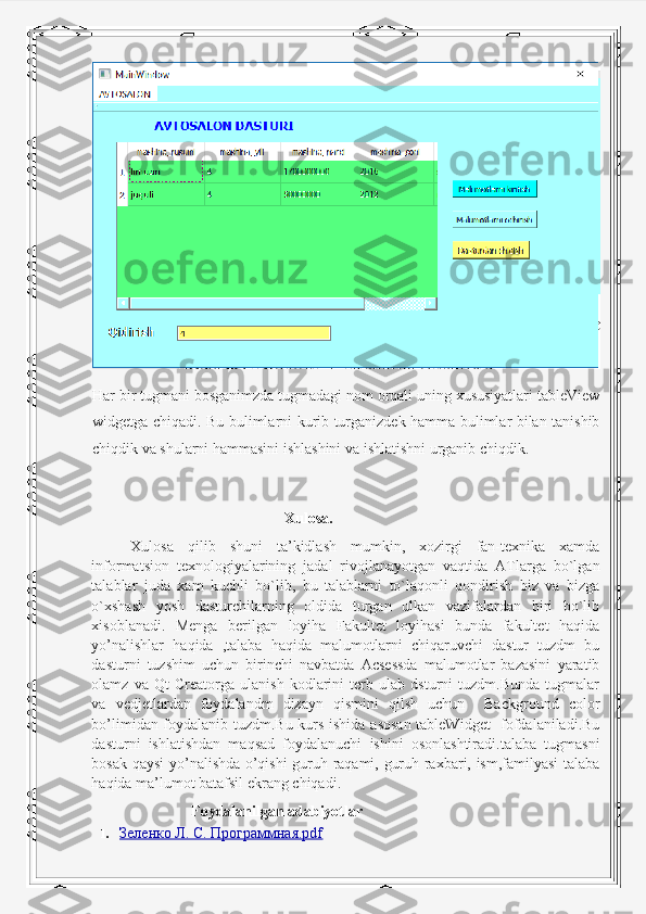 Har bir tugmani bosganimzda tugmadagi nom orqali uning xususiyatlari tableView
widgetga chiqadi. Bu bulimlarni kurib turganizdek hamma bulimlar bilan tanishib
chiqdik va shularni hammasini ishlashini va ishlatishni urganib chiqdik.
Xulosa. 
Xulosa   qilib   shuni   ta’kidlash   mumkin,   xozirgi   fan-texnika   xamda
informatsion   texnologiyalarining   jadal   rivojlanayotgan   vaqtida   ATlarga   bo`lgan
talablar   juda   xam   kuchli   bo`lib,   bu   talablarni   to`laqonli   qondirish   biz   va   bizga
o`xshash   yosh   dasturchilarning   oldida   turgan   ulkan   vazifalardan   biri   bo`lib
xisoblanadi.   Menga   berilgan   loyiha   Fakultet   loyihasi   bunda   fakultet   haqida
yo’nalishlar   haqida   ,talaba   haqida   malumotlarni   chiqaruvchi   dastur   tuzdm   bu
dasturni   tuzshim   uchun   birinchi   navbatda   Acsessda   malumotlar   bazasini   yaratib
olamz   va   Qt   Creatorga   ulanish   kodlarini   terb   ulab   dsturni   tuzdm.Bunda   tugmalar
va   vedjetlardan   foydalandm   dizayn   qismini   qilsh   uchun     Background   color
bo’limidan foydalanib tuzdm.Bu kurs ishida asosan tableWidget    fofdalaniladi.Bu
dasturni   ishlatishdan   maqsad   foydalanuchi   ishini   osonlashtiradi.talaba   tugmasni
bosak qaysi yo’nalishda o’qishi guruh raqami, guruh raxbari, ism,familyasi talaba
haqida ma’lumot batafsil ekrang chiqadi.
                           Foydalanilgan adabiyotlar
1. Зеленко Л. С. Программная.pdf    