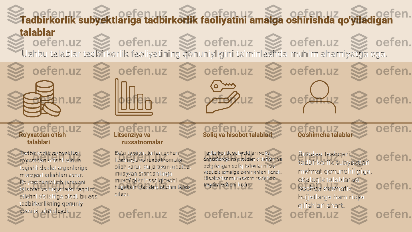 Ro'yxatdan o'tish 
talablari
Tadbirkorlik subyektlari 
ro'yxatdan o'tishi uchun 
tegishli davlat organlariga 
murojaat qilishlari zarur. 
Ro'yxatdan o'tish jarayoni 
talablar va hujjatlarni taqdim 
etishni o'z ichiga oladi, bu esa 
tadbirkorlikning qonuniy 
asosini ta'minlaydi. Litsenziya va 
ruxsatnomalar
Ba'zi faoliyat turlari uchun 
litsenziya va ruxsatnomalar 
olish zarur. Bu jarayon, odatda, 
muayyan standartlarga 
muvofiqlikni tasdiqlovchi 
hujjatlarni taqdim etishni talab 
qiladi. Soliq va hisobot talablari
Tadbirkorlik subyektlari soliq 
organlariga ro'yxatdan o'tishlari va 
belgilangan soliq to'lovlarini o'z 
vaqtida amalga oshirishlari kerak. 
Hisobotlar muntazam ravishda 
taqdim etilishi lozim. Qo'shimcha talablar
Bundan tashqari, 
tadbirkorlik subyektlari 
mehnat qonunchiligiga, 
ekologik talablar va 
boshqa normativ 
hujjatlarga ham rioya 
qilishlari shart.Tadbirkorlik subyektlari ga tadbirkorlik faoliyatini amalga oshirishda  qo ' yiladigan  
talablar
Ushbu talablar tadbirkorlik faoliyatining qonuniyligini ta'minlashda muhim ahamiyatga ega. 