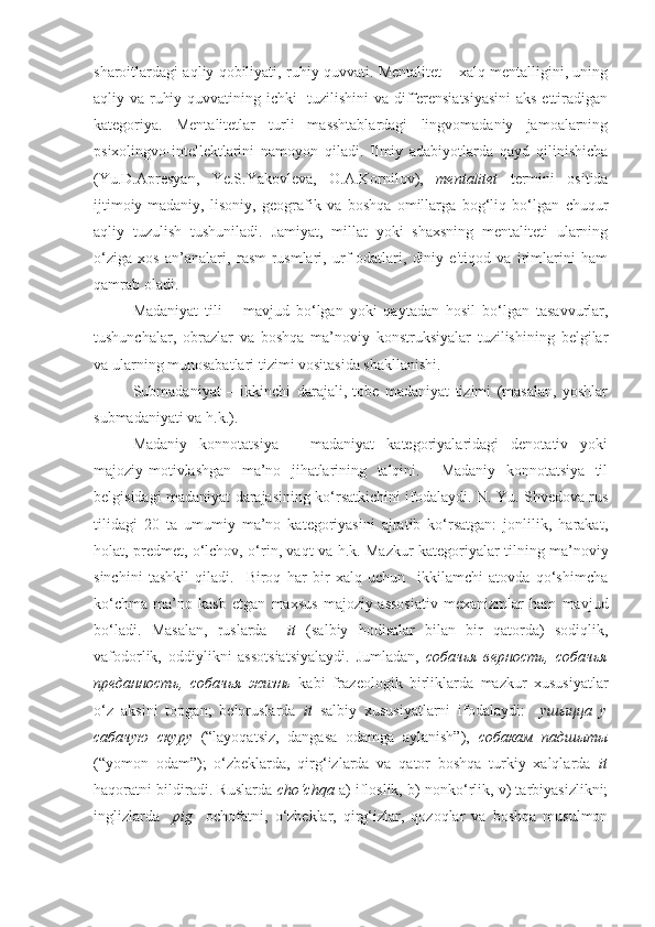 sharoitlardagi aqliy qobiliyati, ruhiy quvvati. Mentalitet – xalq mentalligini, uning
aqliy va ruhiy quvvatining ichki   tuzilishini  va differensiatsiyasini  aks ettiradigan
kategoriya.   Mentalitetlar   turli   masshtablardagi   lingvomadaniy   jamoalarning
psixolingvo-intellektlarini   namoyon   qiladi.   Ilmiy   adabiyotlarda   qayd   qilinishicha
(Yu.D.Apresyan,   Ye.S.Yakovleva,   O.A.Kornilov),   mentalitet   termini   ositida
ijtimoiy-madaniy,   lisoniy,   geografik   va   boshqa   omillarga   bog‘liq   bo‘lgan   chuqur
aqliy   tuzulish   tushuniladi.   Jamiyat,   millat   yoki   shaxsning   mentaliteti   ularning
o‘ziga   xos   an’analari,   rasm-rusmlari,   urf-odatlari,   diniy   e'tiqod   va   irimlarini   ham
qamrab oladi.   
Madaniyat   tili   –   mavjud   bo‘lgan   yoki   qaytadan   hosil   bo‘lgan   tasavvurlar,
tushunchalar,   obrazlar   va   boshqa   ma’noviy   konstruksiyalar   tuzilishining   belgilar
va ularning munosabatlari tizimi vositasida shakllanishi.  
Submadaniyat   –   ikkinchi   darajali,   tobe   madaniyat   tizimi   (masalan,   yoshlar
submadaniyati va h.k.). 
Madaniy   konnotatsiya   –   madaniyat   kategoriyalaridagi   denotativ   yoki
majoziy-motivlashgan   ma’no   jihatlarining   talqini.     Madaniy   konnotatsiya   til
belgisidagi madaniyat darajasining ko‘rsatkichini ifodalaydi. N. Yu. Shvedova rus
tilidagi   20   ta   umumiy   ma’no   kategoriyasini   ajratib   ko‘rsatgan:   jonlilik,   harakat,
holat, predmet, o‘lchov, o‘rin, vaqt va h.k. Mazkur kategoriyalar tilning ma’noviy
sinchini   tashkil   qiladi.     Biroq   har   bir   xalq   uchun     ikkilamchi   atovda   qo‘shimcha
ko‘chma   ma’no   kasb   etgan   maxsus   majoziy-assosiativ   mexanizmlar   ham   mavjud
bo‘ladi.   Masalan,   ruslarda     it   (salbiy   hodisalar   bilan   bir   qatorda)   sodiqlik,
vafodorlik,   oddiylikni   assotsiatsiyalaydi.   Jumladan,   собачья   верность,   собачья
преданность,   собачья   жизнь   kabi   frazeologik   birliklarda   mazkur   xususiyatlar
o‘z   aksini   topgan;   beloruslarda   it   salbiy   xususiyatlarni   ifodalaydi:     ушыцца   у
сабачую   скуру   (“layoqatsiz,   dangasa   odamga   aylanish”),   собакам   падшыты
(“yomon   odam”);   o‘zbeklarda,   qirg‘izlarda   va   qator   boshqa   turkiy   xalqlarda   it
haqoratni bildiradi. Ruslarda   cho‘chqa  a) ifloslik, b) nonko‘rlik, v) tarbiyasizlikni;
inglizlarda     pig     ochofatni,   o‘zbeklar,   qirg‘izlar,   qozoqlar   va   boshqa   musulmon 