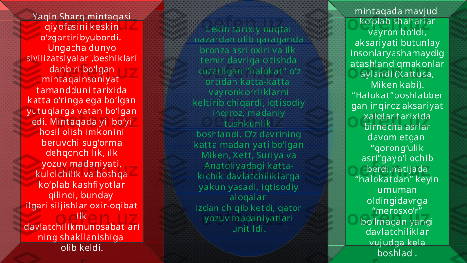 Yaqin Sharq mint aqasi 
qiy ofasini k esk in 
o‘zgart i riby ubordi. 
Ungacha duny o 
siv ilizat siy alari,beshik lari
danbiri  bo‘lgan 
mint aqai nsoniy at  
t amandduni t arixida 
k at t a o‘ringa ega bo‘l gan 
y ut uql arga v at an bo‘lgan 
edi. Mint aqada y il bo‘y i 
hosil  olish imk oni ni  
beruv chi  sug‘orma 
dehqonchil ik , ilk
y ozuv  madaniy at i, 
k ulolchi lik  v a boshqa 
k o‘pl ab k ashfi y ot lar 
qilindi, bunday  
ilgari sil jishlar oxir-oqibat  
ilk  
dav lat chil ik munosabat lari
ning shak llanishi ga 
olib k eldi . Lek in t arixiy  nuqt ai 
nazardan oli b qaraganda 
bronza asri  ox iri v a ilk  
t emir dav ri ga o‘t ishda 
k uzat ilgan “ hal ok at ”  o‘z 
ort idan k at t a-k at t a 
v ay ronk orrlik larni 
k elt irib chi qardi, iqt i sodiy  
inqiroz, madaniy  
t ushk unl ik  
boshlandi. O‘z dav ri ni ng 
k at t a madaniy at i bo‘lgan 
Mik en, X et t , Suriy a v a 
Anat oliy adagi k at t a-
k ichik  dav l at chili k larga 
y ak un y asadi , iqt isodiy  
aloqalar 
izdan chi qib k et di, qat or 
y ozuv  madaniy at lari 
uni t ildi. mint aqada mav jud 
k o‘plab shaharl ar 
v ay ron bo‘ldi, 
ak sariy at i but unl ay  
insonlary ashamay dig
at ashlandiqmak onlar
ay landi (X at t usa, 
Mik en k abi). 
“ Halok at ” boshl abber
gan inqiroz ak sariy at  
xalqlar t arix ida 
birnecha asrlar 
dav om et gan 
“ qorong‘uli k  
asri” gay o‘l ochib 
berdi ,nat ij ada 
“ hal ok at dan”  k ey in 
umuman 
oldingidav rga 
“ merosxo‘r ”  
bo‘lmagan y angi 
dav lat chi lik lar 
v uj udga k ela 
boshladi. 