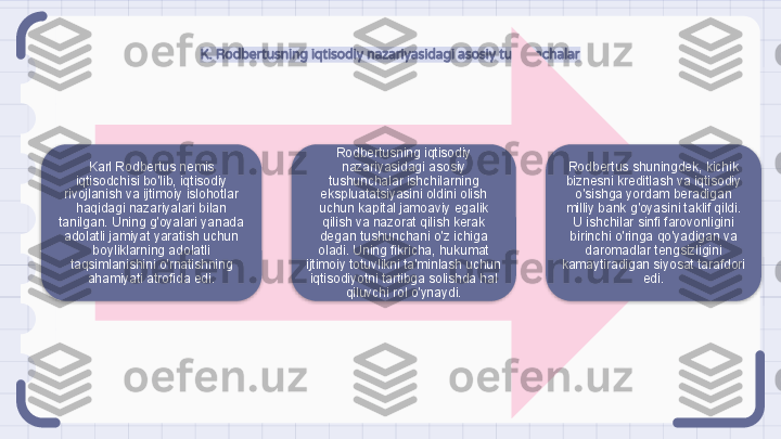 K. Rodbertusning iqtisodiy nazariyasidagi asosiy tushunchalar
Karl Rodbertus nemis 
iqtisodchisi bo'lib, iqtisodiy 
rivojlanish va ijtimoiy islohotlar 
haqidagi nazariyalari bilan 
tanilgan. Uning g'oyalari yanada 
adolatli jamiyat yaratish uchun 
boyliklarning adolatli 
taqsimlanishini o'rnatishning 
ahamiyati atrofida edi. Rodbertusning iqtisodiy 
nazariyasidagi asosiy 
tushunchalar ishchilarning 
ekspluatatsiyasini oldini olish 
uchun kapital jamoaviy egalik 
qilish va nazorat qilish kerak 
degan tushunchani o'z ichiga 
oladi. Uning fikricha, hukumat 
ijtimoiy totuvlikni ta'minlash uchun 
iqtisodiyotni tartibga solishda hal 
qiluvchi rol o'ynaydi. Rodbertus shuningdek, kichik 
biznesni kreditlash va iqtisodiy 
o'sishga yordam beradigan 
milliy bank g'oyasini taklif qildi. 
U ishchilar sinfi farovonligini 
birinchi o'ringa qo'yadigan va 
daromadlar tengsizligini 
kamaytiradigan siyosat tarafdori 
edi.                                                                  