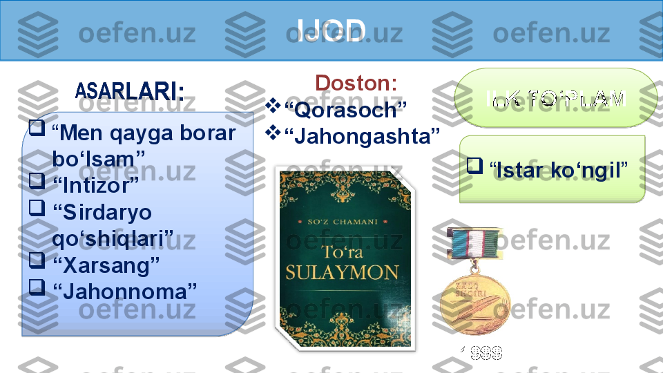 IJOD

“ Men qayga borar 
bo‘lsam”

“ Intizor”

“ Sirdaryo 
qo‘shiqlari”

“ Xarsang”

“ Jahonnoma” 
“ Istar ko‘ngil ”ILK TO‘PLAMDoston:

“ Qorasoch”

“ Jahongashta”
1999    