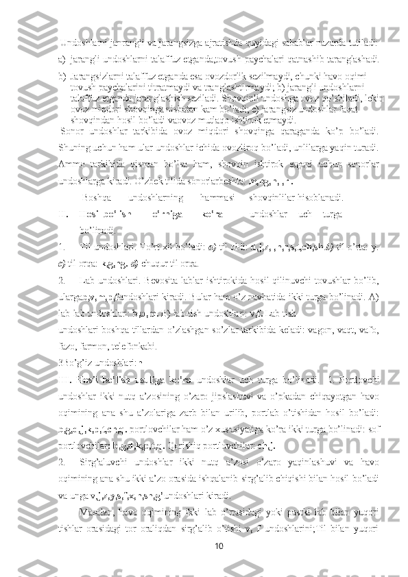 10Undoshlarni   janrangli   va   jarangsizga   ajratishda   quyidagi   sabablar   nazarda   tutiladi:
a) jarangli   undoshlarni   talaffuz   etganda,tovush   paychalari   qatnashib   taranglashadi.
b) Jarangsizlarni talaffuz etganda esa ovozdorlik sezilmaydi, chunki havo oqimi 
tovush paychalarini titratmaydi va tranglashtirmaydi; b) jarangli undoshlarni 
talaffuz etganda jaranglashish seziladi. Shovqinli undoshga ovoz qo’shiladi, lekin 
ovoz miqdori shovqinga nisbatan kam bo’ladi; c) jarangsiz undoshlar faqat 
shovqindan hosil bo’ladi vaovoz mutlaqo ishtirok etmaydi.
Sonor   undoshlar   tarkibida   ovoz   miqdori   shovqinga   qaraganda   ko’p   bo’ladi.
Shuning   uchun ham ular undoshlar ichida ovozliroq bo’ladi, unlilarga yaqin turadi.
Ammo   tarkibida   qisman   bo’lsa   ham,   shovqin   ishtirok   etgani   uchun   sonorlar
undoshlarga kiradi. O’zbek tilida sonorlarbeshta:  m,ng,n,l,r .
Boshqa      undoshlarning	      hammasi       shovqinlilar   hisoblanadi.
II. Hosil bo’lish o’rniga ko’ra undoshlar uch turga
bo’linadi.
1. Til   undoshlari.   To’rt   xil   bo’ladi:   a)   til   oldi:   d,j,z,l,n,r,s,t,ch,sh . b)   til   o’rta:   y.
c)   til   orqa:   k,g,ng.   d)   chuqur   til   orqa.
2. Lab undoshlari. Bevosita lablar ishtirokida hosil  qilinuvchi  tovushlar  bo’lib,
ularga b,v,m,p,f undoshlari kiradi. Bular ham o’z navbatida ikki turga bo’linadi. A)
lab-lab undoshlari:  b,p,m.  B) lab-tish undoshlari:  v,f.  Lab tish
undoshlari boshqa tillardan o’zlashgan so’zlar tarkibida keladi: vagon, vaqt, vafo,
fazo, farmon, telefonkabi.
3Bo’g’iz   undoshlari: h
III. Hosil   bo’lish   usuliga   ko’ra   undoshlar   uch   turga   bo’linadi.   1.   Portlovchi
undoshlar   ikki   nutq   a’zosining   o’zaro   jipslashuvi   va   o’pkadan   chiqayotgan   havo
oqimining   ana   shu   a’zolariga   zarb   bilan   urilib,   portlab   o’tishidan   hosil   bo’ladi:
b,g,d,j,k,p,t,ch,q.   portlovchilar   ham   o’z   xususiyatiga   ko’ra   ikki   turga   bo’linadi:   sof
portlovchilar : b,g,d,k,p,t,q.  Qorishiq portlovchilar:  ch,j.
2. Sirg’aluvchi   undoshlar   ikki   nutq   a’zosi   o’zaro   yaqinlashuvi   va   havo
oqimining   ana shu ikki a’zo orasida ishqalanib-sirg’alib chiqishi bilan hosil   bo’ladi
va unga v, j,z,y,s,f,x,h,sh,g’ undoshlari kiradi.
Masalan,   havo   oqimining   ikki   lab   o’rtasidagi   yoki   pastki   lab   bilan   yuqori
tishlar   orasidagi   tor   oraliqdan   sirg’alib   o’tishi   v,   f   undoshlarini;Til   bilan   yuqori 