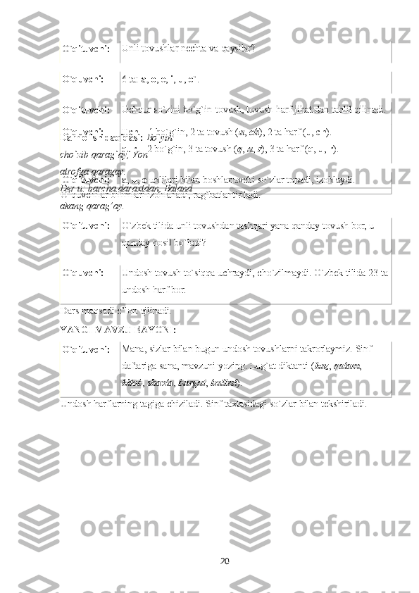 20O`qituvchi: Unli   tovushlar   nechta   va  qaysilar?
O`quvchi: 6 ta:   a ,   o ,   e ,   i ,   u ,  o` .
O`qituvchi: Uchqur   so`zini   bo`g`in-tovush,   tovush-harf jihatidan   tahlil   qilinadi.
O`quvchi: Uch  – 1 bo`g`in, 2 ta tovush ( u ,  ch ), 2 ta harf ( u ,  ch ). 
qur   –   2   bo`g`in,   3   ta   tovush   ( q ,   u ,   r ),   3   ta   harf   ( q ,   u ,   r ).
O`qituvchi: a ,   u ,   o   unlilari   bilan   boshlanuvchi   so`zlar   topadi,   izohlaydi.
O`quvchilar   bilimlari   izohlanadi,  rag`batlantiriladi.Dam   olish   daqiqasi:   Bo`yin 
cho`zib qarag`ay, Yon 
atrofga qaragay.
Der   u:   barcha   daraxtdan, Baland 
akang qarag’ay.
O`qituvchi: O`zbek   tilida   unli   tovushdan   tashqari   yana   qanday   tovush   bor,   u 
qanday hosil bo`ladi?
O`quvchi: Undosh   tovush   to`siqqa   uchraydi,   cho`zilmaydi.   O`zbek   tilida   23   ta 
undosh harf bor.
Dars   maqsadi   e’lon   qilinadi.
YANGI   MAVZU   BAYONI:
O`qituvchi: Mana,   sizlar   bilan   bugun   undosh   tovushlarni   takrorlaymiz.   Sinf 
daftariga sana, mavzuni yozing. Lug`at diktanti ( kuz ,  qalam , 
kitob ,  shavla ,  burgut ,  bulbul ).
Undosh   harflarning   tagiga   chiziladi.   Sinf   taxtasidagi   so`zlar   bilan   tekshiriladi. 