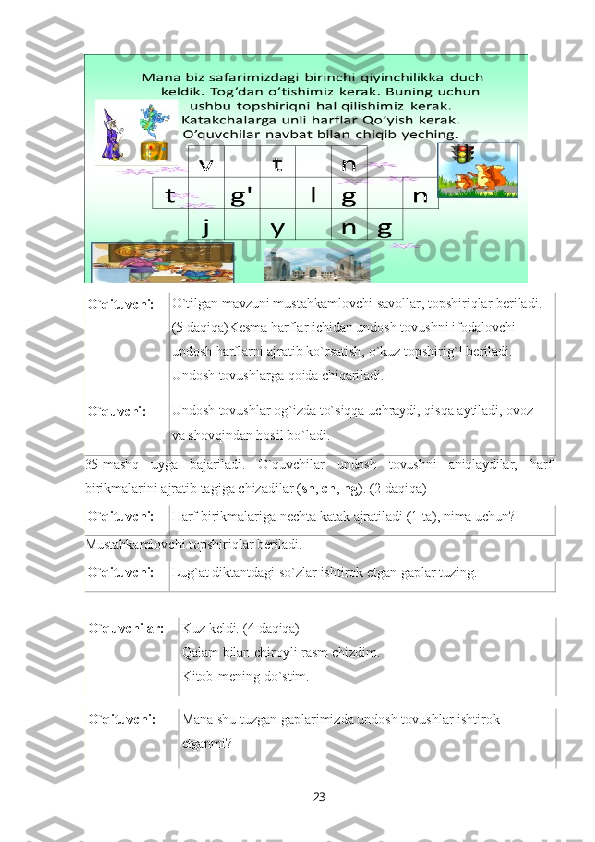 23O`qituvchi: O`tilgan   mavzuni   mustahkamlovchi   savollar,   topshiriqlar   beriladi. 
(5 daqiqa)Kesma harflar ichidan undosh tovushni ifodalovchi 
undosh harflarni ajratib ko`rsatish, o`kuz topshirig`I beriladi.
Undosh   tovushlarga   qoida  chiqariladi.
O`quvchi: Undosh   tovushlar   og`izda   to`siqqa   uchraydi,   qisqa   aytiladi,   ovoz  
va shovqindan hosil bo`ladi.
35-mashq uyga bajariladi. O`quvchilar undosh tovushni aniqlaydilar, harf
birikmalarini ajratib tagiga chizadilar ( sh ,  ch ,  ng ). (2 daqiqa)
O`qituvchi: Harf birikmalariga   nechta   katak   ajratiladi   (1   ta),   nima  uchun?
Mustahkamlovchi   topshiriqlar   beriladi.
O`qituvchi: Lug`at   diktantdagi   so`zlar   ishtirok   etgan   gaplar   tuzing.
O`quvchilar: Kuz   keldi. (4   daqiqa)
Qalam   bilan   chiroyli   rasm   chizdim.
Kitob-mening do`stim.
O`qituvchi: Mana   shu   tuzgan   gaplarimizda   undosh   tovushlar   ishtirok 
etganmi? 