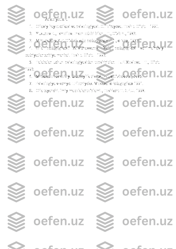                 Adabiyotlar.
1. Oilaviy hayot etikasi va psixologiyasi. O.To’rayeva. Tosh-t. O’qit. - 1990.
2. Yusupov E., Ismoilov. Inson odobi bilan. -T., O’zb-n., 1983.
3. Mirtursunov.Z.F. O’zbek xalq pedagogikasi. -T., «Fan», 1973.
4. Oila   pedagogikasi.   A.Munavvarov.   Xalq   pedagogikasi   va   ma’naviy
qadriyatlar tarbiya manbai.  Tosh-t. O’qit. - 1992.
5. Talabalar   uchun   psixologiyasidan   topshiriqlar.     L.P.Xoxlova.   -T.,   O’qit.   -
1992.
6. Mirzakalon Ismoiliy. Odamiylik qissasi. -T., «O’zbek-n»., 1975.
7. Psixologiya v semye. I.Plotniyeks. Moskva.  «Pedagogika» 1991.
8. Oila tayanchi.Ilmiy maqolalar to’plami., Toshkent T.D.P.U. 1998. 