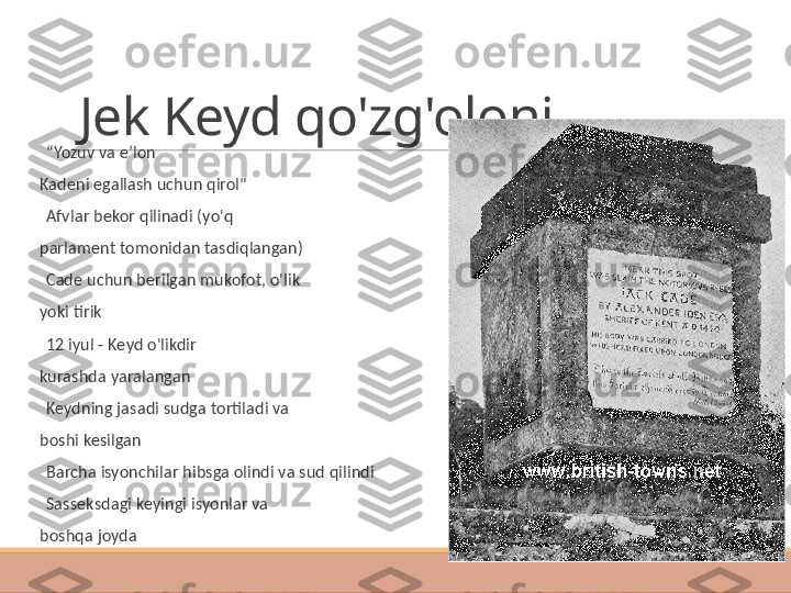 Jek Keyd qo'zg'oloni
 
“ Yozuv va eʼlon
Kadeni egallash uchun qirol"
 
Afvlar bekor qilinadi (yo'q
parlament tomonidan tasdiqlangan)
 
Cade uchun berilgan mukofot, o'lik
yoki tirik
 
12 iyul - Keyd o'likdir
kurashda yaralangan
 
Keydning jasadi sudga tortiladi va
boshi kesilgan
 
Barcha isyonchilar hibsga olindi va sud qilindi
 
Sasseksdagi keyingi isyonlar va
boshqa joyda 