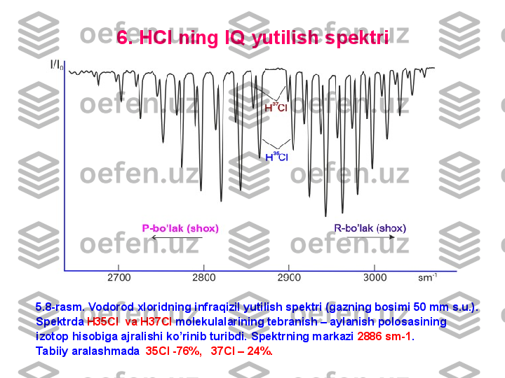 6.   HCl  ning  IQ  yutilish spektri
5.8-rasm. Vodorod xlorid ning   infraqizil yutilish spektri (gazning bosimi  5 0 mm s.u.).  
Spektrda   H35Cl  va   H37Cl   molekulalarining tebranish – aylanish polosasining
izotop hisobiga ajralishi ko’rinib turibdi.   S pektrning markazi  2 886  sm-1 .  
Tabiiy aralashmada   35Cl -76%,     37Cl – 24%. 