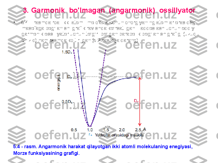 3 .  G armonik  bo'lmagan  (angarmonik)  ossillyator
•
5 .4 –  rasmda real ikki atomli molekula uchun energiyaning atomlar orasidagi 
masofaga bog’lanishi grafik ravishda ko’rsatilgan .  Taqqoslash uchun oddiy 
garmonik ossillyator uchun to’g’ri bo’lgan parabolik bog’lanish grafigi (uzuqli 
chiziq) ham rasmda keltirilgan  ( 5 .2- rasmga qarang ) .
5 . 4  -  rasm .  Angarmonik harakat qilayotgan ikki atomli molekulaning enegiyasi , 
Morze funksiyasining grafigi . 