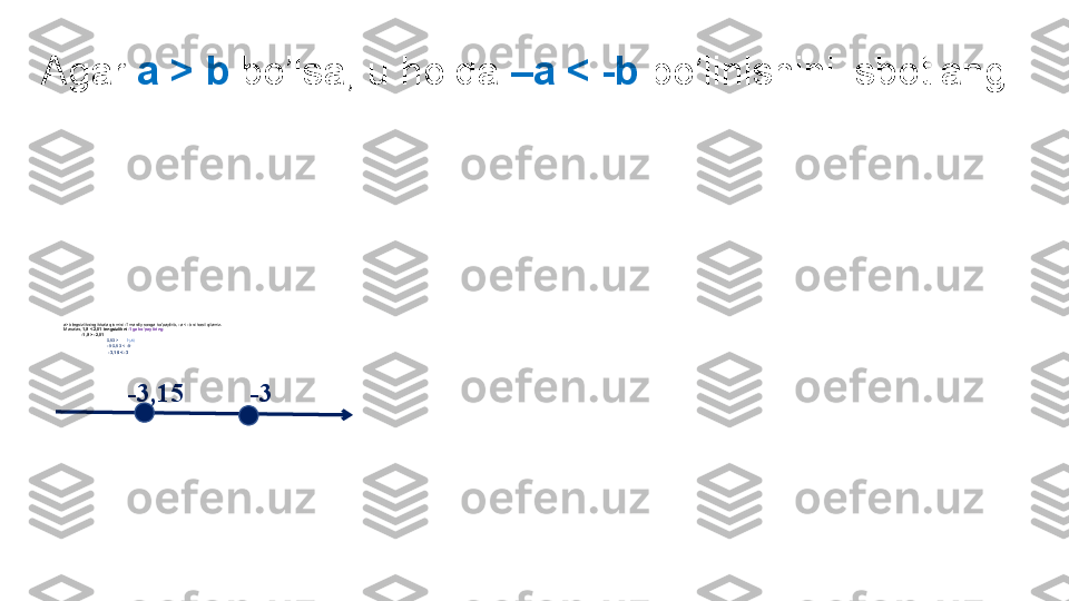 a>b tegsizlikning ikkala qismini -1 manfiy songa ko’paytirib, -a < -b ni hosil qilamiz.
Masalan,  1,9 < 2,01 tengsizlikni  -1ga ko‘paytiring
             -1,9 > -2,01 
                              0,63  >       /∙ (-5)
                              -  5·0,63  < - 5 ·   
                               - 3,15 < -3
 Agar  a > b  bo’lsa, u holda  –a < -b  bo’linishini isbotlang. 
          -3,15            -3 