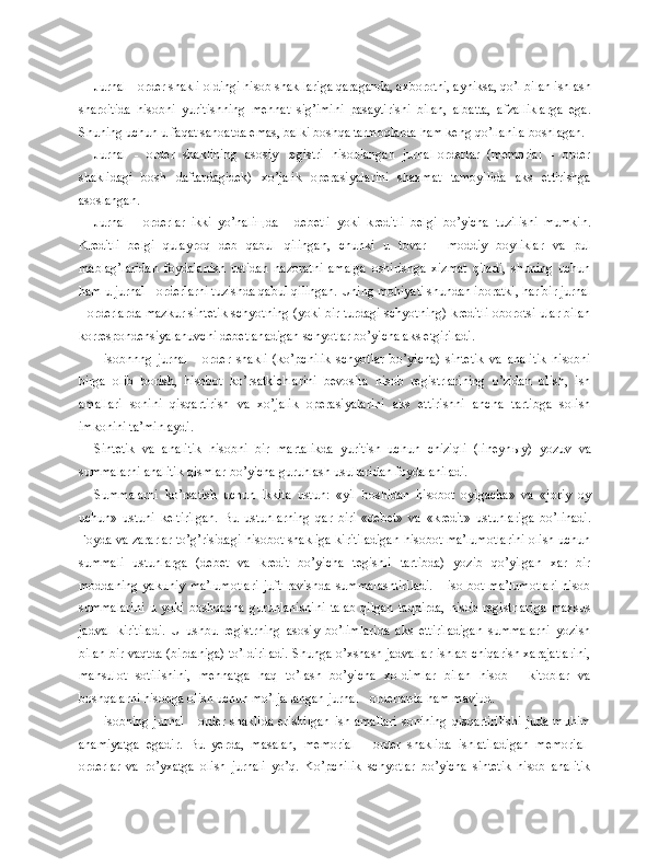 Jurnal - order shakli oldingi hisob shakllariga qaraganda, axborotni, ayniksa, qo’l bilan ishlash
sharoitida   hisobni   yuritishning   mehnat   sig’imini   pasaytirishi   bilan,   albatta,   afzalliklarga   ega.
Shuning uchun u faqat sanoatda emas, balki boshqa tarmoqlarda ham keng qo’llanila boshlagan.
Jurnal   -   order   shaklining   asosiy   registri   hisoblangan   jurnal-orderlar   (memorial   -   order
shaklidagi   bosh   daftar dagidek)   xo’jalik   operasiyalarini   shaxmat   tamoyilida   aks   ettirishga
asoslangan.
Jurnal   -   orderlar   ikki   yo’nali щ da   -   debetli   yoki   kreditli   belgi   bo’yicha   tuzilishi   mumkin.
Kreditli   belgi   qulayroq   deb   qabul   qilingan,   chunki   u   tovar   -   moddiy   boyliklar   va   pul
mablag’laridan   foydalanish   ustidan   nazoratni   amalga   oshirishga   xizmat   qiladi,   shuning   uchun
ham u jurnal - orderlarni tuzishda qabul qilingan. Uning mohiyati shundan iboratki, har bir jurnal
- orderlarda mazkur sintetik schyotning (yoki bir turdagi schyotning) kreditli oborotsi ular bilan
korrespondensiyalanuvchi debetlanadigan schyotlar bo’yicha aks etgiriladi.
Hisobnnng   jurnal   -   order   shakli   (ko’pchilik   schyotlar   bo’yicha)   sintetik   va   analitik   hisobni
birga   olib   borish,   hisobot   ko’rsatkichlarini   bevosita   hisob   registrlarining   o’zidan   olish,   ish
amallari   sonini   qisqartirish   va   xo’jalik   operasiyalarini   aks   ettirishni   ancha   tartibga   solish
imkonini ta’minlaydi.
Sintetik   va   analitik   hisobni   bir   martalikda   yuritish   uchun   chiziqli   (lineyn ы y)   yozuv   va
summalarni analitik qismlar bo’yicha guruhlash usullaridan foydalaniladi.
Summalarni   ko’rsatish   uchun   ikkita   ustun:   «yil   boshidan   hisobot   oyigacha»   va   «joriy   oy
uchun»   ustuni   keltirilgan.   Bu   ustunlarning   qar   biri   «debet»   va   «kredit»   ustunlariga   bo’linadi.
Foyda va zararlar to’g’risidagi hisobot shakliga kiritiladigan hisobot ma’lumotlarini olish uchun
summali   ustunlarga   (debet   va   kredit   bo’yicha   tegishli   tartibda)   yozib   qo’yilgan   xar   bir
moddaning   yakuniy   ma’lumotlari   juft   ravishda   summalashtiriladi.   Hiso-bot   ma’lumotlari   hisob
summalarini   u   yoki   boshqacha   guruhlanishini   talab   qilgan   taqdirda,   hisob   registrlariga   maxsus
jadval   kiritiladi.   U   ushbu   registrning   asosiy   bo’limlarida   aks   ettiriladigan   summalarni   yozish
bilan bir vaqtda (birdaniga) to’ldiriladi. Shunga o’xshash jadvallar ishlab chiqarish xarajatlarini,
mahsulot   sotilishini,   mehnatga   haq   to’lash   bo’yicha   xo-dimlar   bilan   hisob   -   kitoblar   va
boshqalarni hisobga olish uchun mo’ljallangan jurnal - orderlarda ham mavjud.
Hisobning jurnal  - order shaklida erishilgan  ish amallari  sonining qisqartirilishi  juda muhim
ahamiyatga   egadir.   Bu   yerda,   masalan,   memorial   -   order   shaklida   ishlatiladigan   memorial-
orderlar   va   ro’yxatga   olish   jurnali   yo’q.   Ko’pchilik   schyotlar   bo’yicha   sintetik   hisob   analitik 