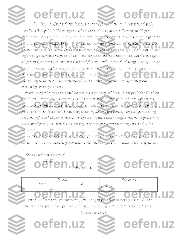 1.Hisob registrlari haqida tushuncha, ularning  roli   va ahamiyati.
Xo’jalik faoliyati to’g’risida tegishli ko’rsatkichlarni olish uchun hujjatlarda keltirilgan 
ma’lumotlar kerak bo’ladi. Buning uchun bu ma’lumotlar hujjatlarda iqtisodiy mazmuniga qarab 
guruhlangan va ro’yxatga olingan bo’lishi kerak. Bunday ro’yxatga olish hujjatlarning saqlanishi 
ustidan nazorat qilish hamda ularda aks ettirilgan ma’lumotlarning aniqligini ta’minlovchi hisob 
registrlari yordamida amalga oshiriladi.Hisob registrlari dastlabki axborot tashuvchilarda qayd 
etilgan mavjud mablag’lar va operasiyalar to’g’risidagi ma’lumotlarni ro’yxatga olish, guruhlash 
uchun moslangan qog’oz varaqlaridan iborat yoki  hisob registrlari  deb-hisob yozuvlarini olib 
borishga mo’ljallangan  maxsus grafalangan qog’ozlarga aytiladi.
Hisob registrlari har xil tuzilishga ega bo’lib, ikki belgisi - mazmun ning hajmi va yozuv 
xarakteriga qarab guruhlanadi.
Mazmunning hajmiga qarab sintetik va analitik registrlarga bo’lina di. Bunday bo’linish sintetik va 
analitik ma’lumotlarning hisobda  h ar xil  vazifalarni bajarishi bilan bog’liqdir. Sintetik va analitik 
hisob regi strlari bir-birlaridan ma’lumotlarning mukammallik darajasi hamda ko’rsatkichlarining 
guruhlanishi bilan farq qiladi. Sintetik registrlar ning tuzilishi, eng avvalo, buxgalteriya hisobining 
shakliga bog’liq bo’ladi, ko’pgina  analitik  registrlarniki esa ularda hisobga olinadigan obyektlar ning 
xususiyatlariga bog’liq.     Analitik hisobda eng keng tarqalgan kartochkalarning shakllarini ko’rib 
chiqamiz.
Ikki tomonlama shaklda debet va kredit schyotlarining chap va o’ng tomon lari joylashtirilgan 
bo’ladi. Har bir tomonida sana, yozuv raqami, matn va  summa uchun mustaqil ustunlar ajratiladi.
                                       
Kartochkaning chap tomoni
                    200_y.___________________ ____________     
                                                                 (schyotning nomi)
 
Yozuv Yozuv matni
Sana №
Faqat pulda ifodalanadigan debitorlar  ,  kreditorlar, banklar bilan  va boshqa hisob - kitoblar 
bo’yicha operasiyalarni hisobga olish  uchun kartochkalarning kontokorrentli shakli qo’llaniladi.
Kontokorrent shakl 