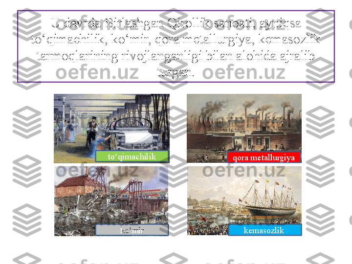 U davrda Birlashgan Qirollik sanoati, ayniqsa 
to‘qimachilik, ko‘mir, qora metallurgiya, kemasozlik 
tarmoqlarining rivojlanganligi bilan alohida ajralib 
turgan.
to‘qimachilik
qora metallurgiya
ko‘mir kemasozlik  