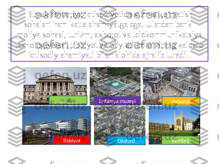 Buyuk Britaniya iqtisodiyotida xizmat ko‘rsatish 
sohalari ham katta ahamiyatga ega. Ulardan bank-
moliya sohasi, turizm, axborot va tele kommunikatsiya 
texnologiyalari, tibbiyot va oliy ta’lim o‘zining xalqaro 
iqtisodiy ahamiyati bilan alohida ajralib turadi. 
Moliya
Britaniya muzeyi
Axborot
Tibbiyot
Oksford Kembrij 