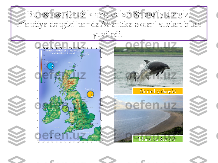 Bir lashgan Qirollik qirg‘oqlari Shimoliy dengiz, 
Irlandiya dengizi hamda Atlantika okeani suvlari bilan 
yuviladi. 
3
1
2 Shimoliy dengiz
Irlandiya dengizi  