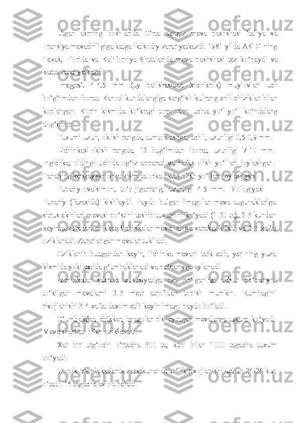 Utgan   asrning   boshlarida   O‘ rta   dengiz   meva   pashshasi   Italiya   va
Fransiya mevachiligiga katga iktisodiy zarar yetkazdi. 1981 yilda AKD1 ning
Texas,   Florida   va   Kaliforniya   Shtatlarida   meva   pa sh shasi   tez   k o‘ paydi   va
ka e ta zarar yetkazdi.
Imagosi.   4-4,5   mm   (uy   pailshasidan   kichikrok)   muylovlari   uch
b o‘g‘ imdan iborat. Kanoti kundalangiga sar g‘ ish kulrang enli chiziklar bilan
k o plangan.   Korin   kismida   k o‘ kragi   tomondan   uchta   y o‘ l-y o‘ l   k o‘ ndalang
do g‘ i bor.
Tuxumi-uzun, ok.ish rangda, tumtoklashga, uchli, uzunligi 0,5-0,9 mm.
Lichinkasi-okish   rangda,   12   bu g‘ imdan   iborat,   uzunligi   7-10   mm.
Ingichka,   oldingi   uchida   o g‘ iz   apparati   va   nafas   olish   y o‘ llari   joylashgan.
Tananing kengaygan orka kismida orka na fas olish y o‘ llari joylashgan.
Pupariy-ovalsimon,   t o‘q -jigarrang,   uzunligi   4-5   mm.   Biologiyasi   —
Pupariy   (fazasida)   kishlaydi.   Paydo   bulgan   imagolar   meva   tugunaklariga
sitrus ekinlari mevasi p o‘ stini teshib tuxumini k o‘ yadi (1-20 ta). 2-3 kundan
keyin tuxumdan chikkan lichinkalar meva ichiga xarakat kiladi va 2-3 xafta
oziklanadi. Zararlangan mevalar tukiladi.
Oziklanib   buttgandan   keyin,   lichinka   mevani   tark   etib,   yer-ning   yuza
kismida yoki ustida  g‘ umbaklanadi va p o‘pa riyga aylanadi.
Lichinkalar   sakrash   xususiyatiga   ega   bo‘lganligi   uchun   po‘pariyni
t o‘k ilgan   mevalarni   2-3   metr   atrofidan   topish   mumkin.   Rumbagini
rivojlanishi 3-4 xafta davom etib keyin imago paydo b o‘ ladi.
G‘ umbakdan   chikkan   imagolar   pishayotgan   mevalarga   tuxum   k o‘ yadi.
Meva sharbati bilan oziklanadi.
Xar   bir   ur g‘ ochi   o‘ rtacha   300   ta,   kupi   bilan   1000   tagacha   tuxum
qo‘ya di.
Tropik mamlakatlarda zararkunanda t o‘ lik rivojlanishi uchun 24-26 kun
o‘ tadi. 16 tagacha avlod beradi. 