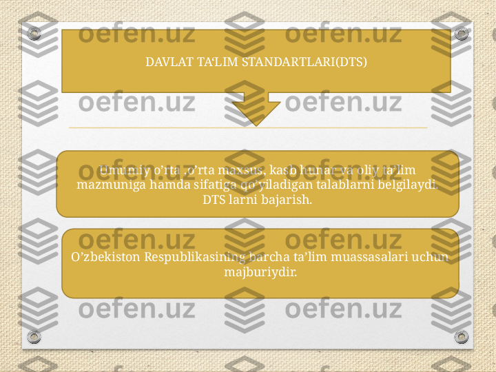 DAVLAT TA‘LIM STANDARTLARI(DTS)
Umumiy o’rta ,o’rta maxsus, kasb hunar va oliy ta’lim 
mazmuniga hamda sifatiga qo’yiladigan talablarni belgilaydi. 
DTS larni bajarish.
O’zbekiston Respublikasining barcha ta’lim muassasalari uchun 
majburiydir. 