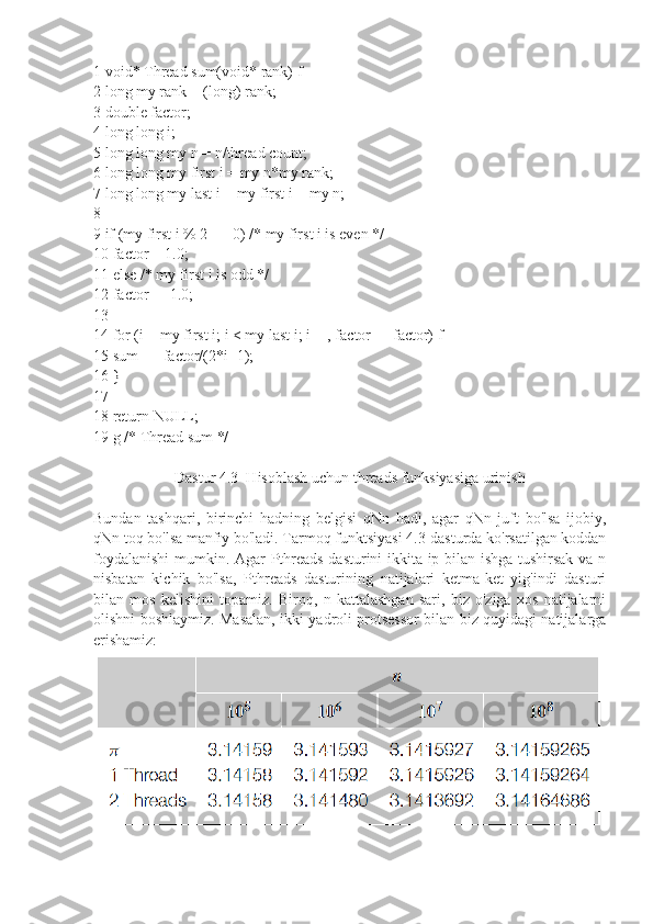 1 void* Thread sum(void* rank) f
2 long my rank = (long) rank;
3 double factor;
4 long long i;
5 long long my n = n/thread count;
6 long long my first i = my n*my rank;
7 long long my last i = my first i + my n;
8
9 if (my first i % 2 == 0) /* my first i is even */
10 factor = 1.0;
11 else /* my first i is odd */
12 factor =  - 1.0;
13
14 for (i = my first i; i < my last i; i++, factor =  - factor) f
15 sum += factor/(2*i+1);
16 }
17
18 return NULL;
19 g /* Thread sum */
Dastur 4.3  Hisoblash uchun threads funksiyasiga urinish
Bundan   tashqari,   birinchi   hadning   belgisi   qNn   hadi,   agar   qNn   juft   bo'lsa   ijobiy,
qNn toq bo'lsa manfiy bo'ladi. Tarmoq funktsiyasi 4.3-dasturda ko'rsatilgan koddan
foydalanishi  mumkin. Agar Pthreads dasturini ikkita ip bilan ishga tushirsak va n
nisbatan   kichik   bo'lsa,   Pthreads   dasturining   natijalari   ketma-ket   yig'indi   dasturi
bilan   mos   kelishini   topamiz.   Biroq,   n   kattalashgan   sari,   biz   o'ziga   xos   natijalarni
olishni boshlaymiz. Masalan, ikki yadroli protsessor bilan biz quyidagi natijalarga
erishamiz: 