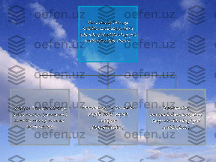 Pul uzining tulovga 
kobillik darajasiga kura 
tubandagi shakllardagi pul 
mablaglaridan iborat:
Maxsus Tashqilotlardagi 
jamgarmalar, (jamgarish)
investitsiyaning maxsus  
kurinishlari Omonat va tez fursatda 
kaytib olish kuzda 
tutilgan
jamgarmalar ; Banknotlar, 
muomaladagi tangalar, 
joriy xisoblardagi pul
mablaglari ;  