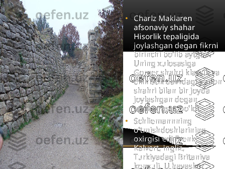 •
Charlz Maklaren 
afsonaviy shahar 
Hisorlik tepaligida 
joylashgan degan fikrni 
birinchi bo‘lib aytgan. 
Uning xulosasiga 
Gomer shahri klassik va 
ellinistik davrdagi yunon 
shahri bilan bir joyda 
joylashgan degan 
taxmin asos bo'ldi.
•
Schliemannning 
o'tmishdoshlarining 
oxirgisi edi Frenk 
Kalvert, ingliz, 
Turkiyadagi Britaniya 
konsuli. U havaskor 
arxeolog bo'lgan va 
butun umri davomida 
Troya tarixini yaxshi 
ko'rgan.  