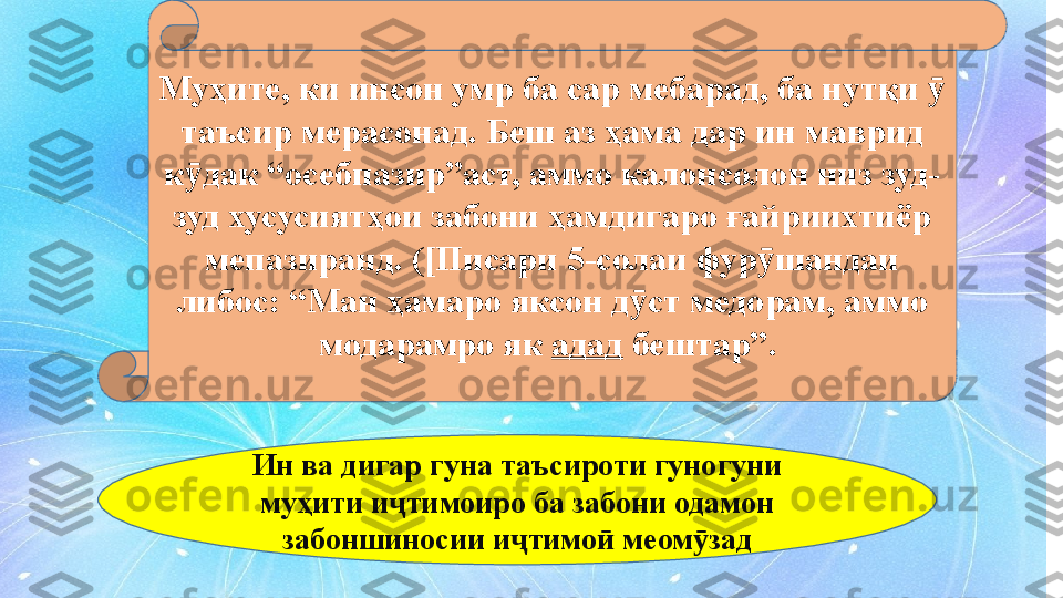 Муҳите, ки инсон умр ба сар мебарад, ба нутқи   ӯ
таъсир мерасонад. Беш аз ҳама дар ин маврид 
к дак “осебпазир”аст, аммо калонсолон низ зуд-	
ӯ
зуд хусусиятҳои забони ҳамдигаро ғайриихтиёр 
мепазиранд. ( [ Писари 5-солаи фур шандаи 	
ӯ
либос: “Ман ҳамаро яксон д ст медорам, аммо 	
ӯ
модарамро як  адад  бештар”. 
Ин ва дигар гуна таъсироти гуногуни 
муҳити и тимоиро ба забони одамон 	
ҷ
забоншиносии и тимо  меом зад	
ҷ ӣ ӯ 