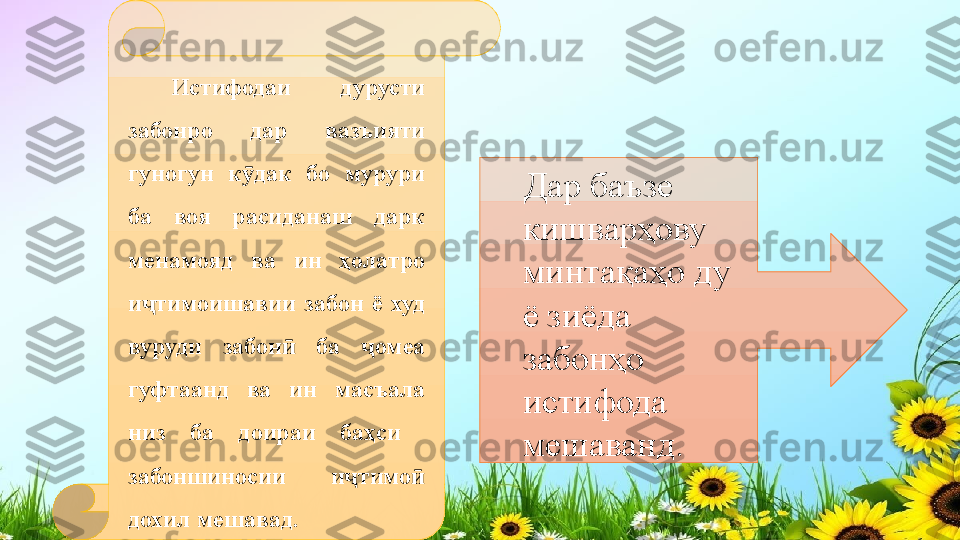 Истифодаи  дурусти 
забонро  дар  вазъияти 
гуногун  к дак  бо  мурури ӯ
ба  воя  расиданаш  дарк 
менамояд  ва  ин  ҳолатро 
и тимоишавии  забон  ё  худ 	
ҷ
вуруди  забон   ба  омеа 	
ӣ ҷ
гуфтаанд  ва  ин  масъала 
низ  ба  доираи  баҳси   
забоншиносии  и тимо  	
ҷ ӣ
дохил мешавад. Дар баъзе 
кишварҳову 
минтақаҳо ду 
ё зиёда 
забонҳо 
истифода 
мешаванд.  