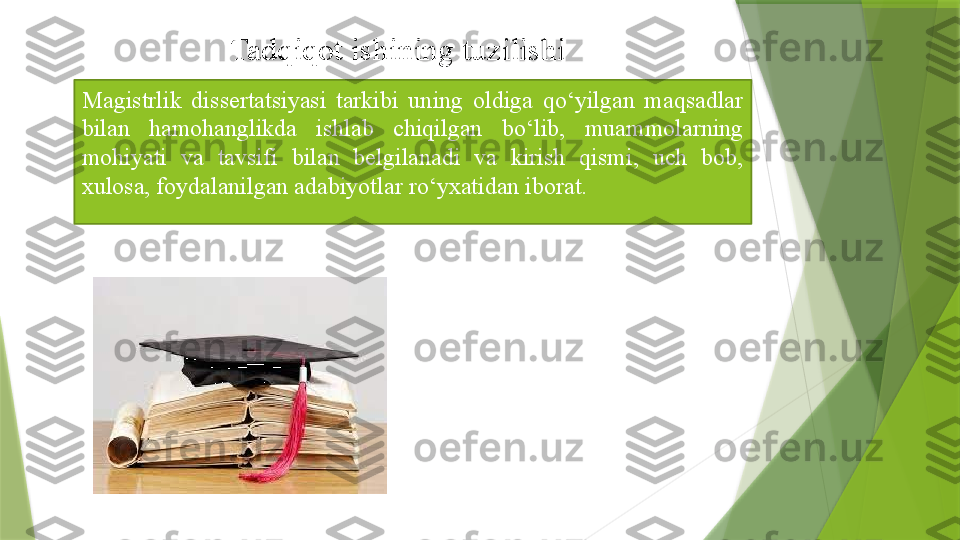 Magistrlik  dissertatsiyasi  tarkibi  uning  oldiga  qo‘yilgan  maqsadlar 
bilan  hamohanglikda  ishlab  chiqilgan  bo‘lib,  muammolarning 
mohiyati  va  tavsifi  bilan  belgilanadi  va  kirish  qismi,  uch  bob, 
xulosa, foydalanilgan adabiyotlar ro‘yxatidan iborat. Tadqiqot ishining tuzilishi                  