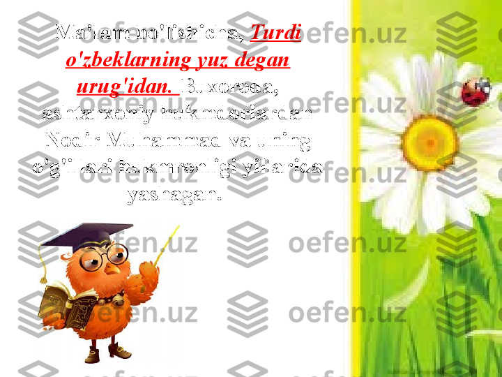 Ma'lum bo'lishicha,  Turdi 
o'zbeklarning yuz degan 
urug'idan.  Buxoroda, 
ashtarxoniy hukmdorlardan 
Nodir Muhammad va uning 
o'g'illari hukmronligi yillarida 
yashagan.  