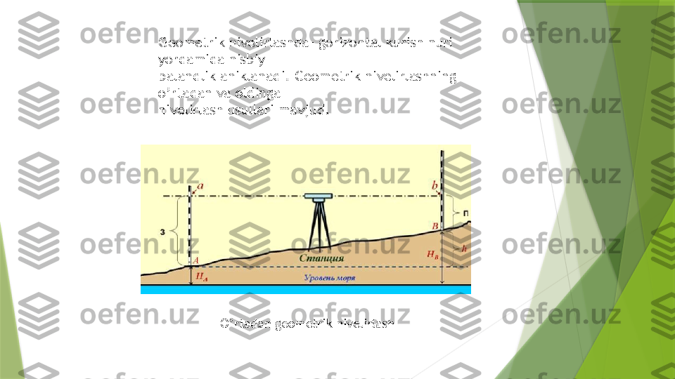 Geometrik nivelirlashda- gorizontal kurish nuri 
yordamida nisbiy 
balandlik aniklanadi. Geometrik nivelirlashning 
o ’ rtadan va oldinga 
nivelirlash usullari mavjud. 
O ’ rtadan geometrik nivelirlash                  