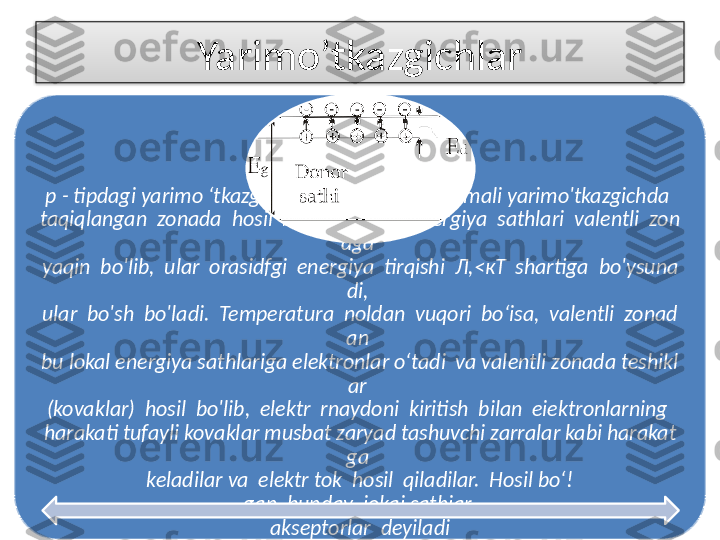 Yarimo’tkazgichlar
р -  tipdagi yarimo ‘tkazgich.  Bu tipdagi araiashmali yarimo'tkazgichda 
taqiqlangan  zonada  hosil  bo'lgan  iokai  energiya  sathlari  valentli  zon
aga 
yaqin  bo'lib,  ular  orasidfgi  energiya  tirqishi   Л,<кТ   shartiga  bo'ysuna
di, 
ular  bo'sh  bo'ladi.  Temperatura  noldan  vuqori  bo‘isa,  valentli  zonad
an 
bu lokal energiya sathlariga elektronlar o‘tadi  va valentli zonada teshikl
ar 
(kovaklar)  hosil  bo'lib,  elektr  rnaydoni  kiritish  bilan  eiektronlarning 
harakati tufayli kovaklar musbat zaryad tashuvchi zarralar kabi harakat
ga 
keladilar va  elektr tok  hosil  qiladilar.  Hosil bo‘!
gan  bunday  iokai sathiar 
akseptorlar  deyiladi  