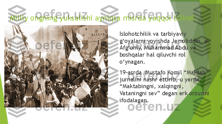 Milliy ongning yuksalishi ayniqsa misrda yaqqol bilindi.
Islohotchilik va tarbiyaviy 
g‘oyalarni yoyishda Jemoliddin, al-
Afg‘oniy, Muhammad Abdu va 
boshqalar hal qiluvchi rol 
o‘ynagan.
19-asrda  Mustafo Komil “Maktab” 
jurnalini nashr ettirib, u yerda 
“Maktabingni, xalqingni, 
Vataningni sev” degan erk orzusini 
ifodalagan.                 